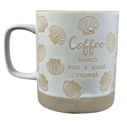 Sea shell under the sea coffee mug with beige seashell designs and beach sun and sand text
