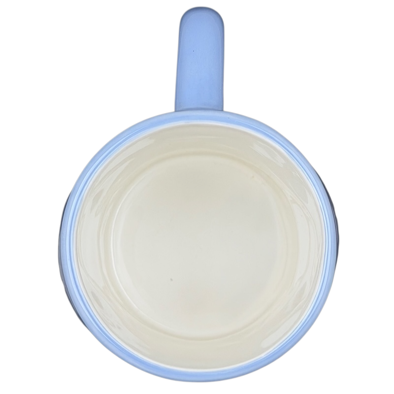 Top view of Sharka Surf Co shark mug in light blue with smooth interior finish