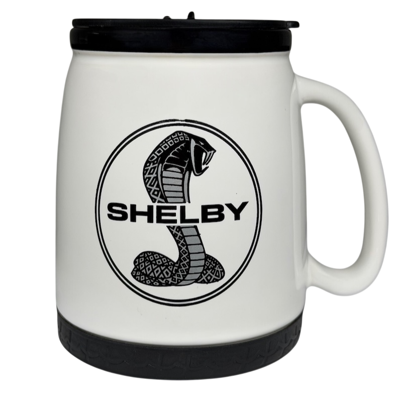 Shelby Cobra Travel Mug RCC Koozie Norwood with a black logo design on a white background