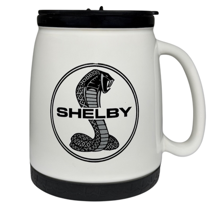Shelby Cobra Travel Mug RCC Koozie Norwood with a black logo design on a white background
