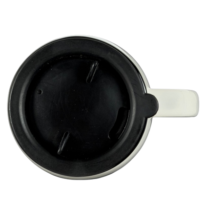 Top view of the Shelby Cobra Travel Mug RCC Koozie Norwood with a secure black lid featuring a spill-resistant design