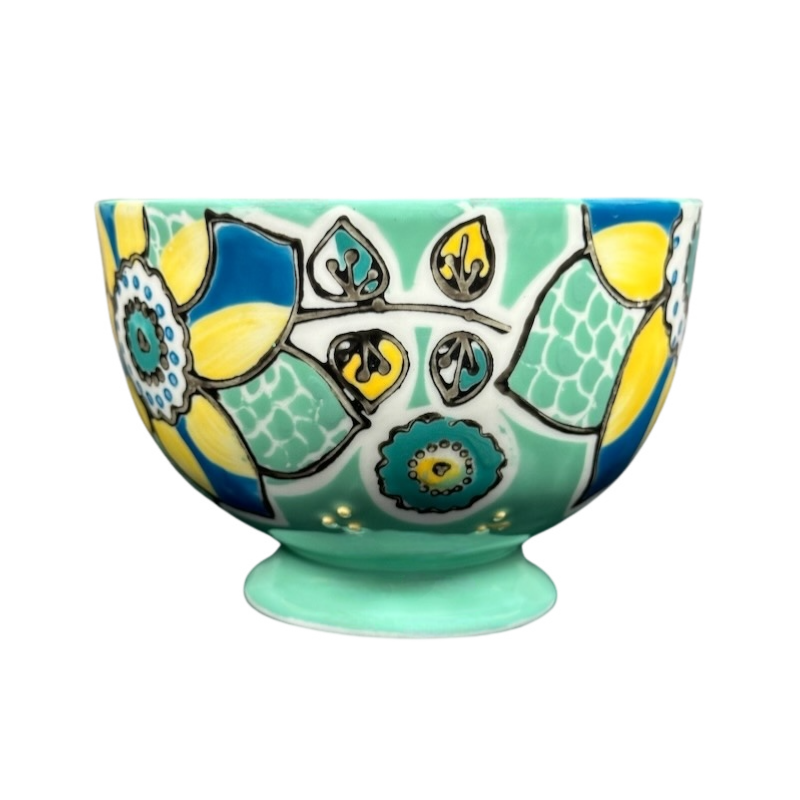 Anthropologie Elka Ayaka green floral pedestal mug hand painted ceramic footed cup with blue and yellow flowers