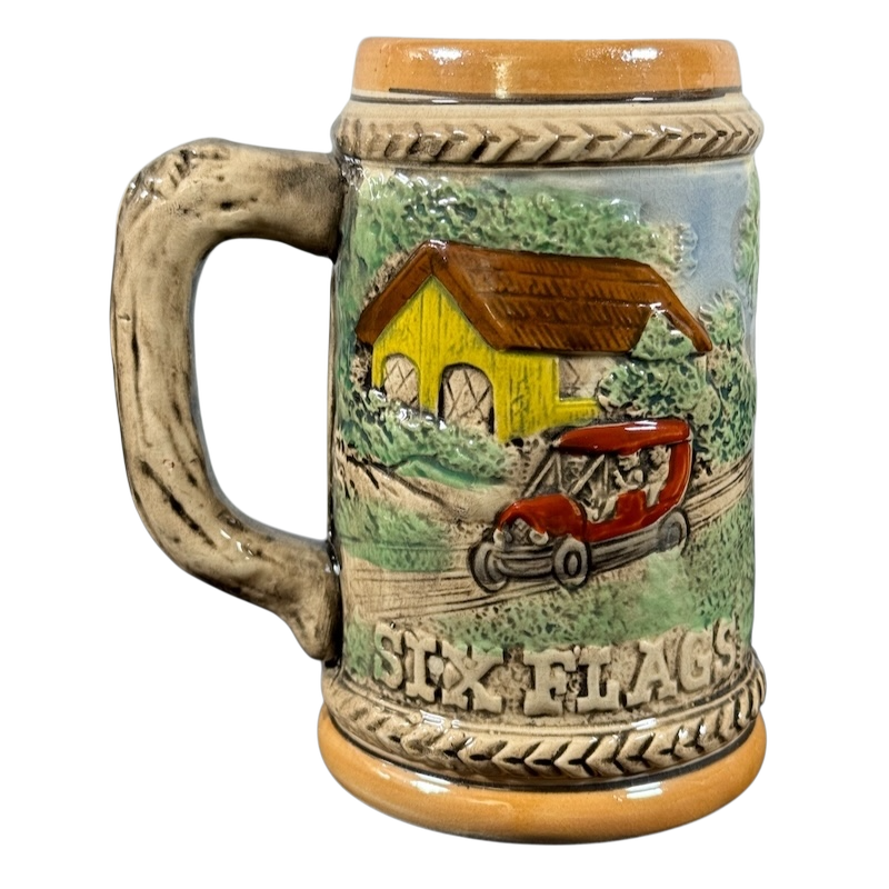 Six Flags collectible vintage mug with retro car and yellow house design by Beeline Creative