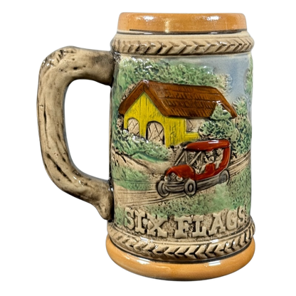 Six Flags collectible vintage mug with retro car and yellow house design by Beeline Creative