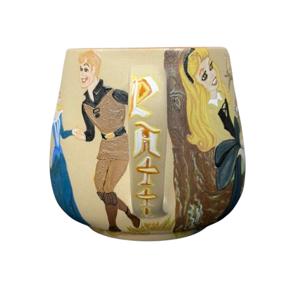 Sleeping Beauty hand-painted pottery mug featuring charming characters and vibrant artwork