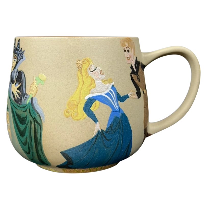 Sleeping Beauty hand-painted pottery mug featuring Aurora and Prince Philip designs
