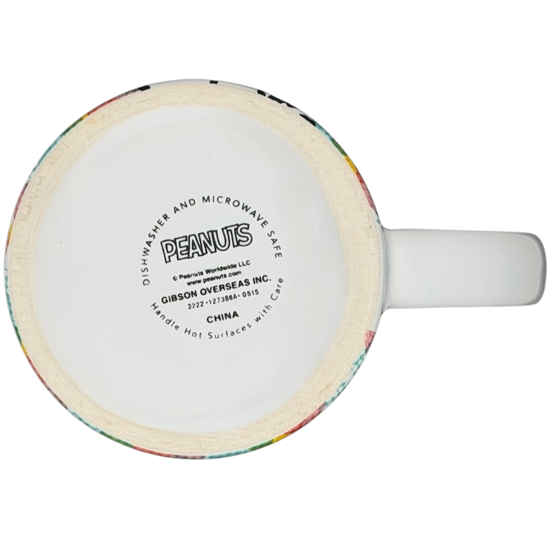 Bottom view of the Gibson Peanuts Feelin' Groovy mug showing dishwasher and microwave safe details