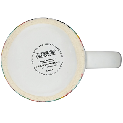 Bottom view of the Gibson Peanuts Feelin' Groovy mug showing dishwasher and microwave safe details