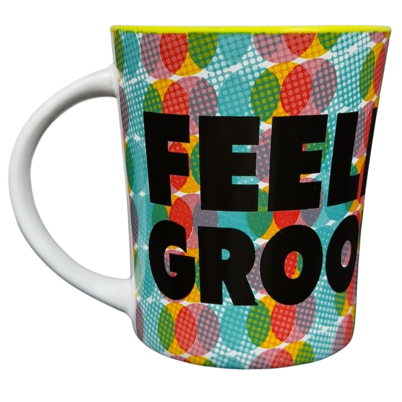 Gibson Snoopy Peanuts Feelin' Groovy mug with colorful polka dot design and bold text