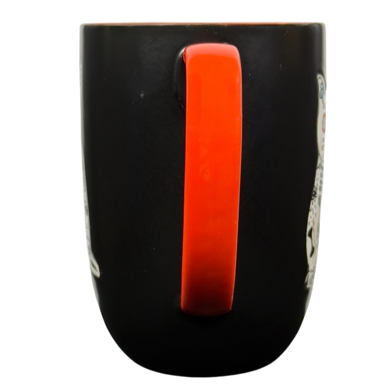 Spectrum Designz Day of the Dead cat mug black matte exterior with bright red handle and sugar cat design