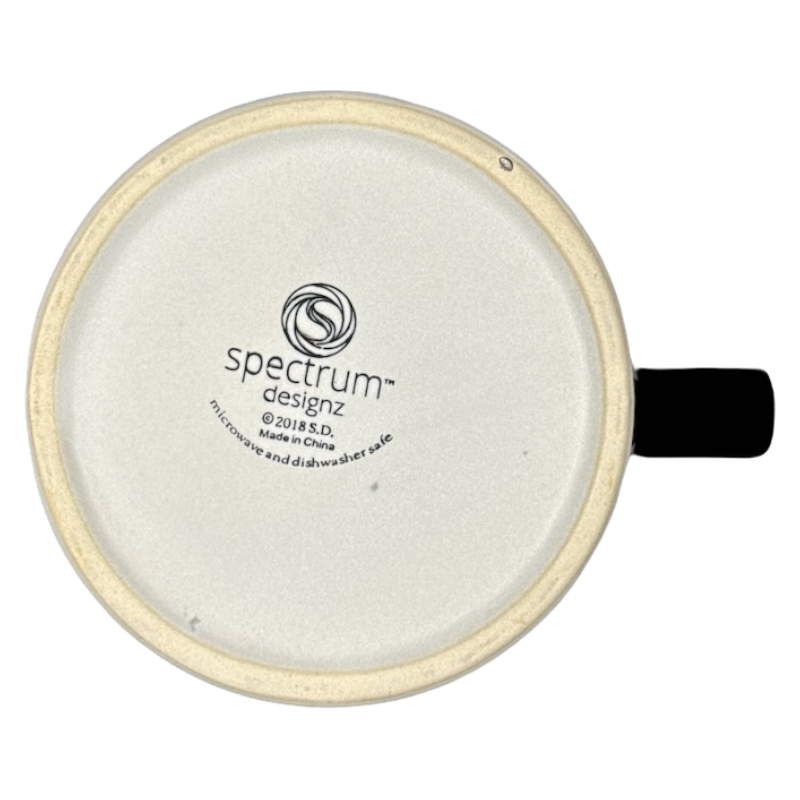 Spectrum Designz Halloween skulls bat mug underside showing Spectrum Designz logo beige rim and black handle