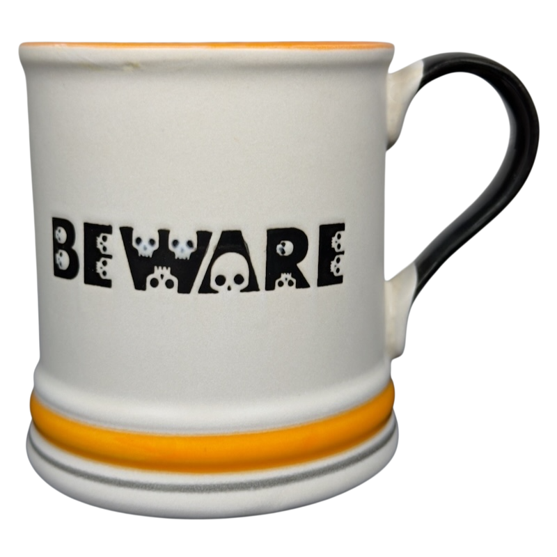 Spectrum Designz Halloween skulls bat mug white ceramic with BEWARE skull lettering black handle orange rim and base band