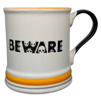 Spectrum Designz Halloween skulls bat mug white ceramic with BEWARE skull lettering black handle orange rim and base band