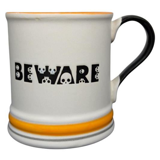 Spectrum Designz Halloween skulls bat mug white ceramic with BEWARE skull lettering black handle orange rim and base band
