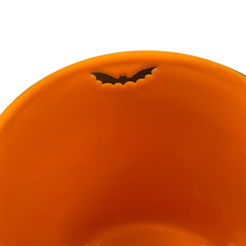 Spectrum Designz Halloween skulls bat mug orange interior showing small black bat silhouette near rim
