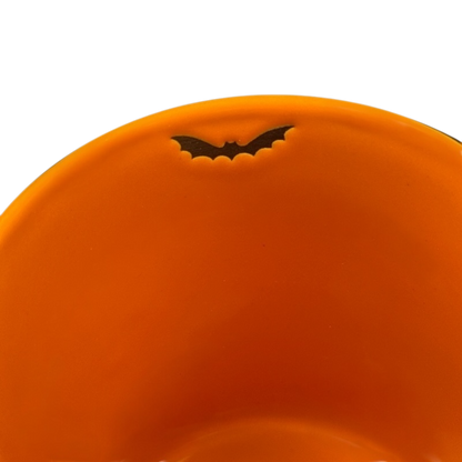 Spectrum Designz Halloween skulls bat mug orange interior showing small black bat silhouette near rim