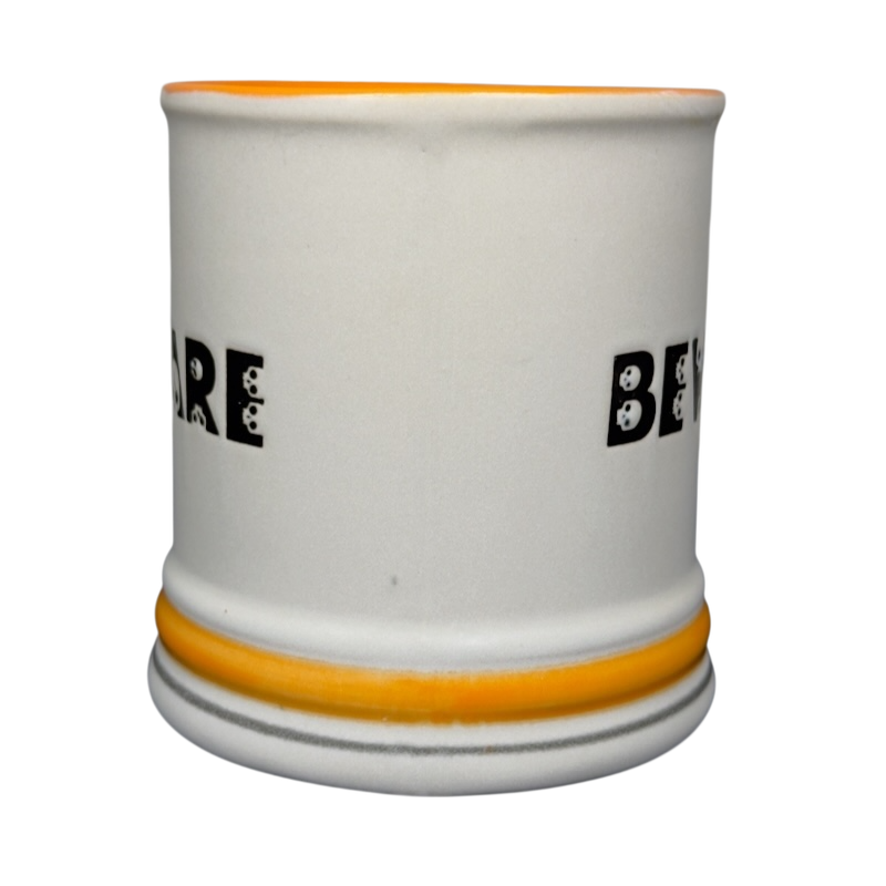 Spectrum Designz Halloween skulls bat mug white ceramic with yellow interior and base stripe and black Halloween text