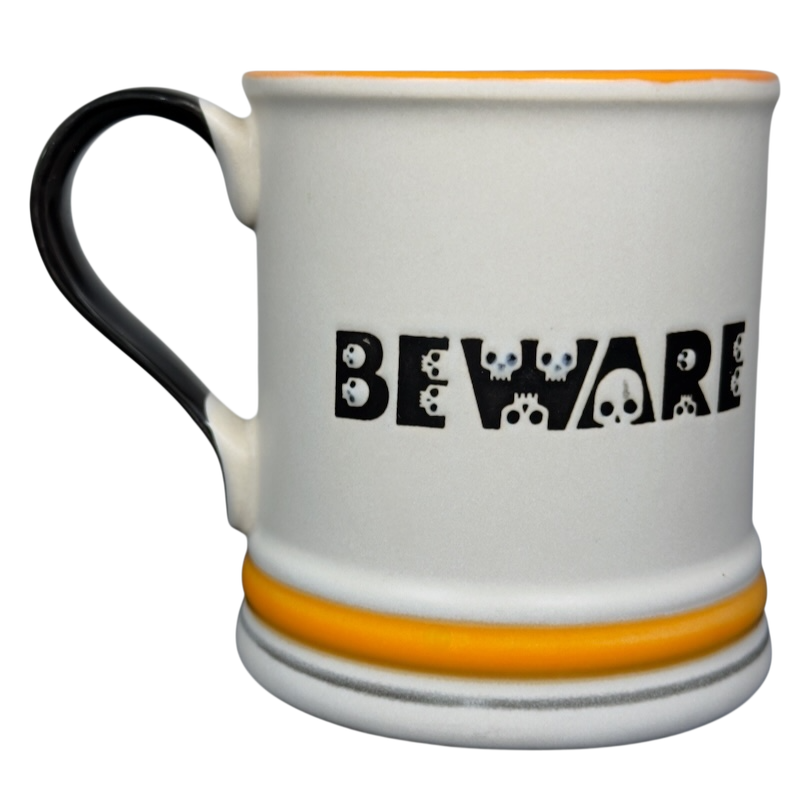 Spectrum Designz Halloween skulls bat mug white ceramic mug with BEWARE skull lettering black handle orange rim and bands