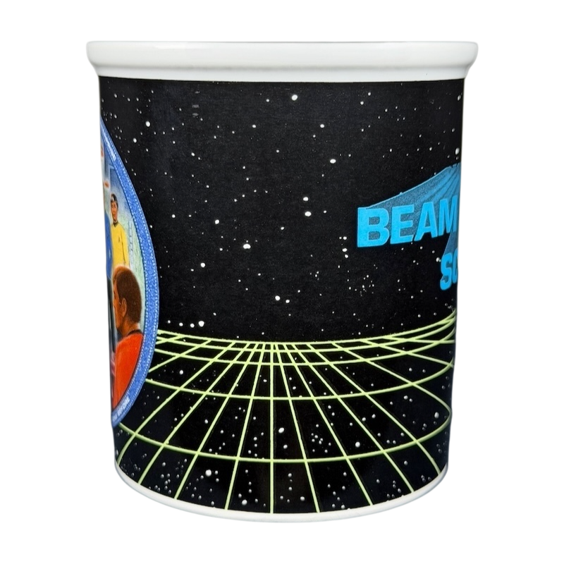Beam Us Down Scotty vintage mug featuring a space-themed design with vibrant colors