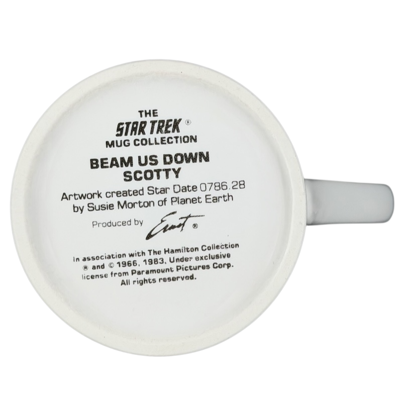 Underneath view of The Hamilton Collection Beam Us Down Scotty vintage mug showcasing unique artwork