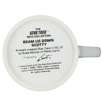 Underneath view of The Hamilton Collection Beam Us Down Scotty vintage mug showcasing unique artwork