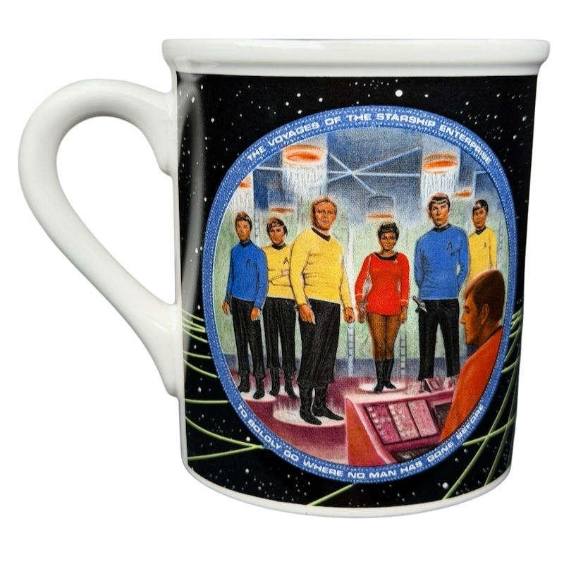 Beam Us Down Scotty vintage mug featuring Star Trek characters and iconic scene from the series