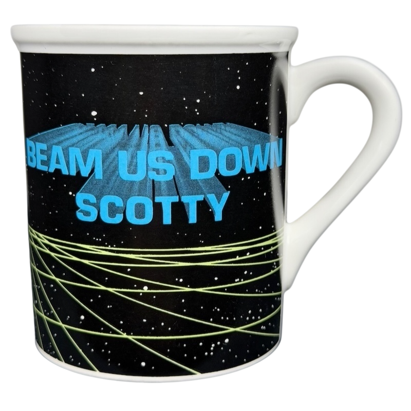 Beam Us Down Scotty vintage mug with a cosmic design featuring blue text and starry background