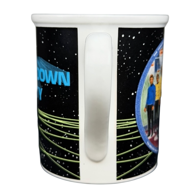 Beam Us Down Scotty vintage mug featuring colorful Star Trek design and iconic characters