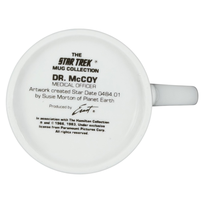 Dr. McCoy Star Trek vintage mug featuring official artwork and production details on the base