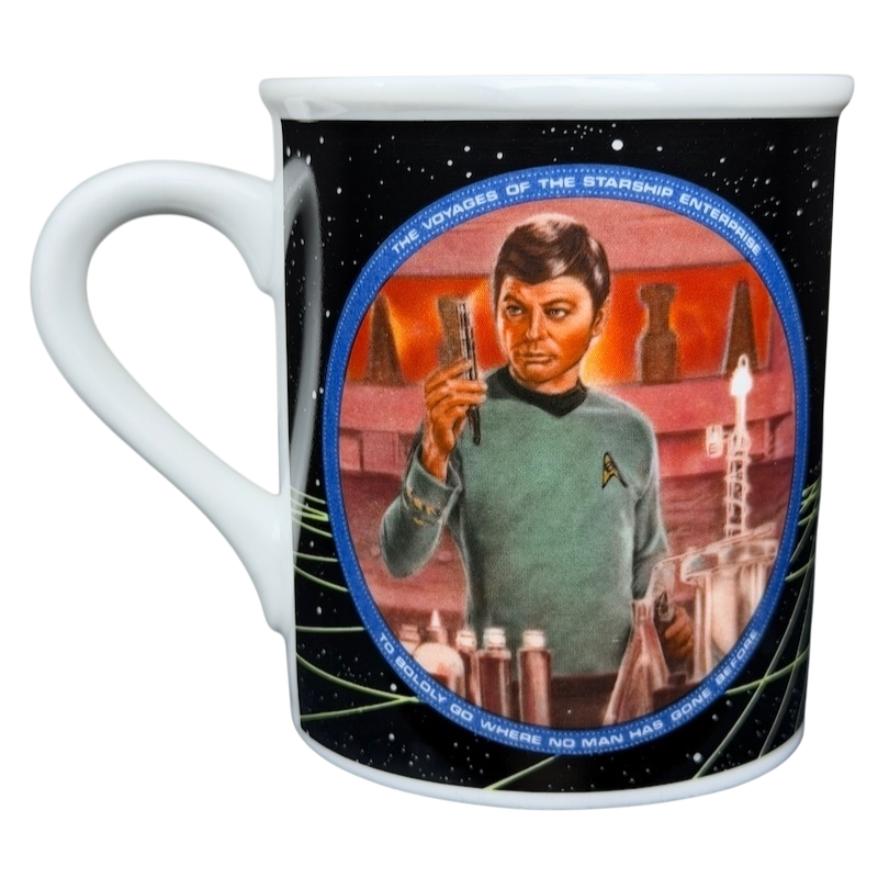 Dr. McCoy Star Trek vintage mug featuring a colorful design of the character in a lab setting