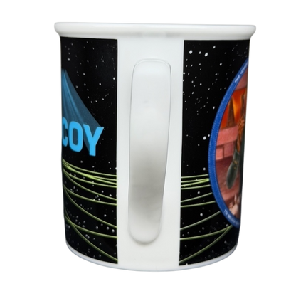 Dr. McCoy Star Trek vintage mug featuring iconic space graphics and character imagery