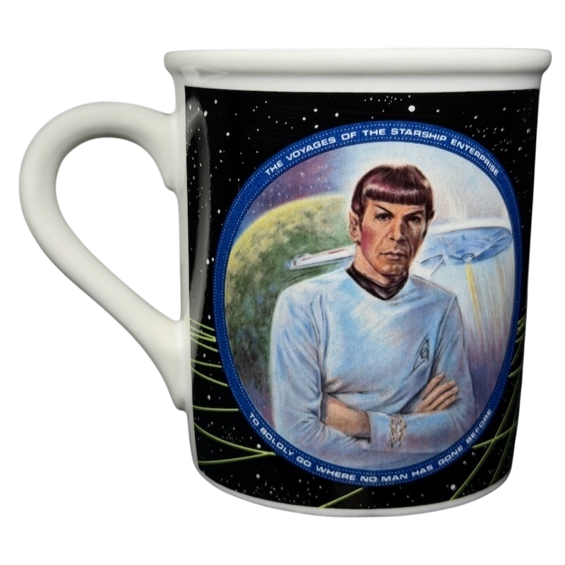 Mr. Spock Star Trek vintage mug featuring iconic artwork and the USS Enterprise design