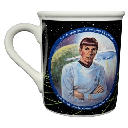 Mr. Spock Star Trek vintage mug featuring iconic artwork and the USS Enterprise design