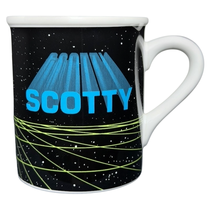 Scotty Star Trek vintage mug featuring iconic starfield design and bold lettering