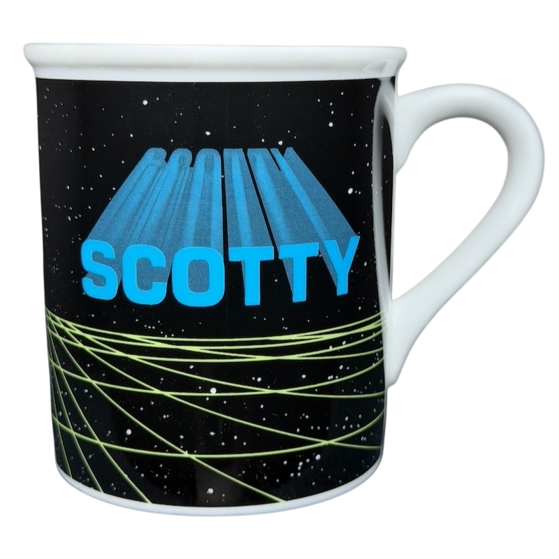 Scotty Star Trek vintage mug featuring vibrant blue lettering and a cosmic design