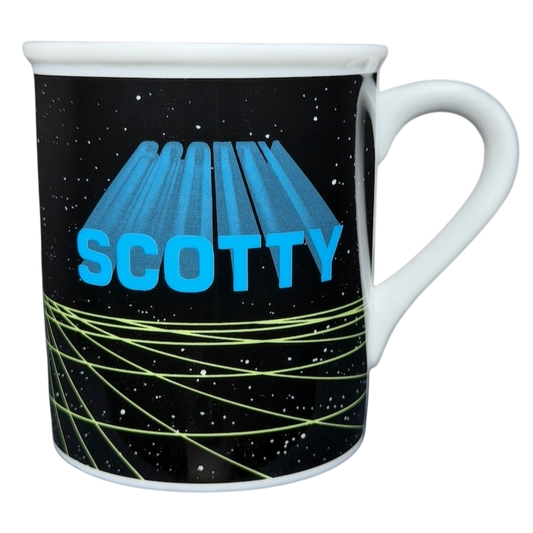 Scotty Star Trek vintage mug featuring vibrant blue lettering and a cosmic design
