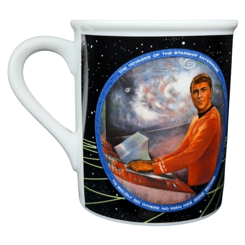 Scotty Star Trek vintage mug featuring a colorful design of Scotty at the starship console
