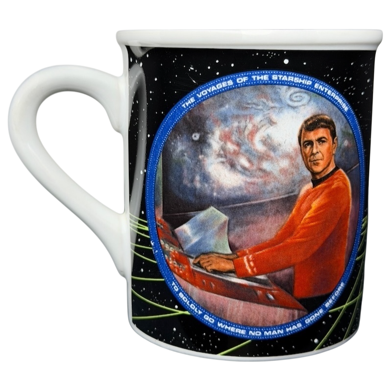 Scotty Star Trek vintage mug featuring artwork of Scotty at the starship control panel