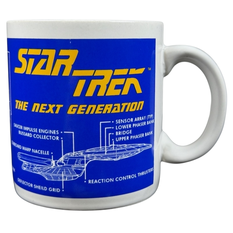 Star Trek The Next Generation U.S.S. Enterprise vintage mug featuring technical schematics and bold colors