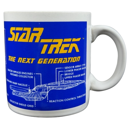 Star Trek The Next Generation U.S.S. Enterprise vintage mug featuring technical schematics and bold colors
