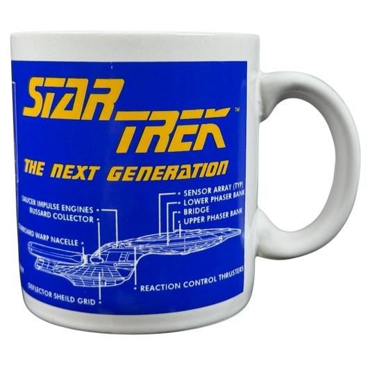 Star Trek The Next Generation U.S.S. Enterprise vintage mug featuring technical schematics and bold colors