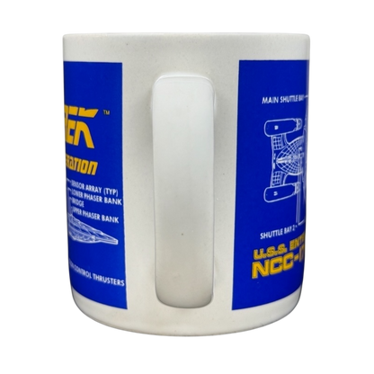 Side view of a Pfaltzgraff Star Trek The Next Generation U.S.S. Enterprise vintage mug featuring detailed graphics