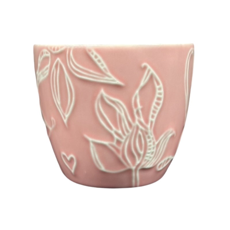 2006 Starbucks embossed pink flowers hearts mug with delicate floral and heart designs