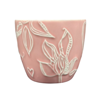 2006 Starbucks embossed pink flowers hearts mug with delicate floral and heart designs