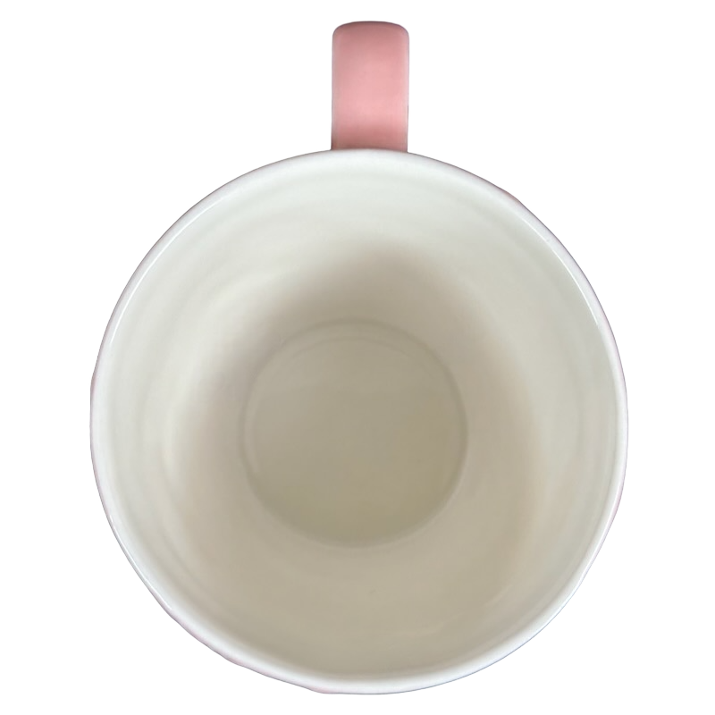 2006 Starbucks embossed pink flowers hearts mug viewed from above, featuring a simple white interior