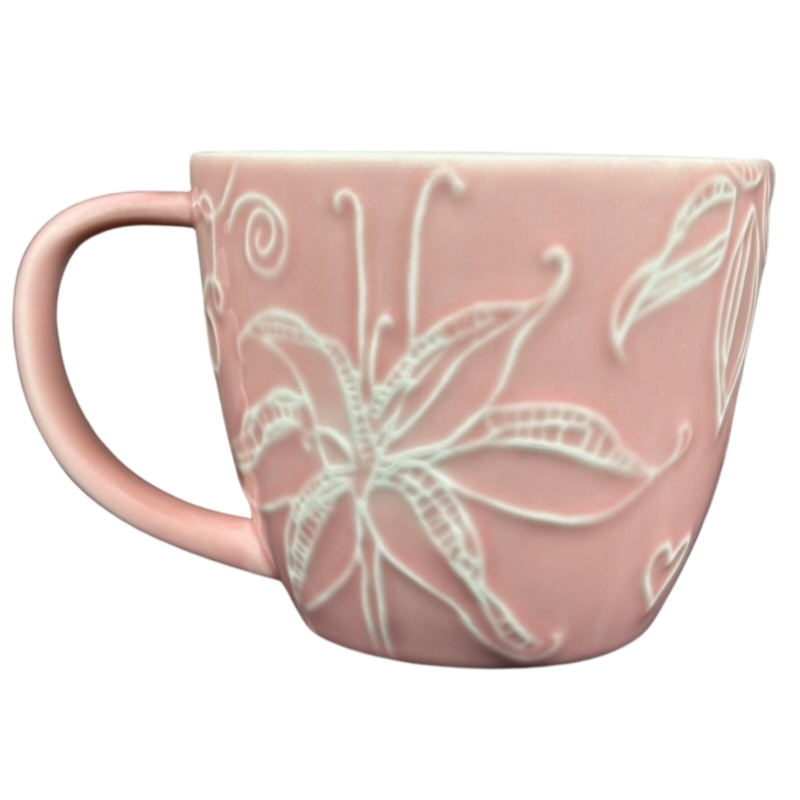 2006 Starbucks embossed pink flowers hearts mug with intricate floral design and elegant shape