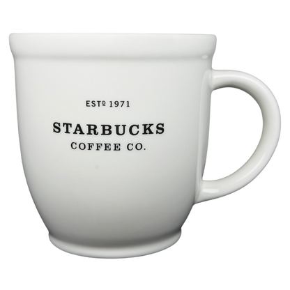 2007 Starbucks Abbey ESTD 1971 mug in white ceramic with classic black lettering