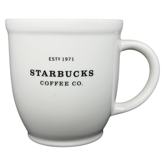 2007 Starbucks Abbey ESTD 1971 mug in white ceramic with classic black lettering
