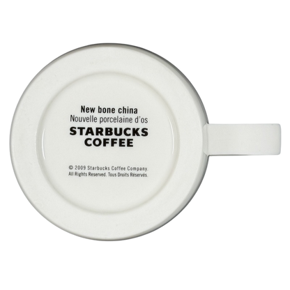 Bottom view of 2009 Starbucks vintage embossed siren logo mug showing New bone china stamp and Starbucks Coffee mark