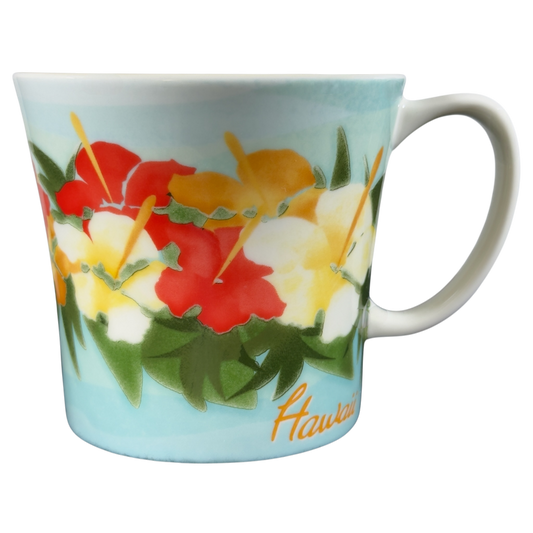 2010 Starbucks vintage collectible mug featuring colorful Hawaiian hibiscus flowers